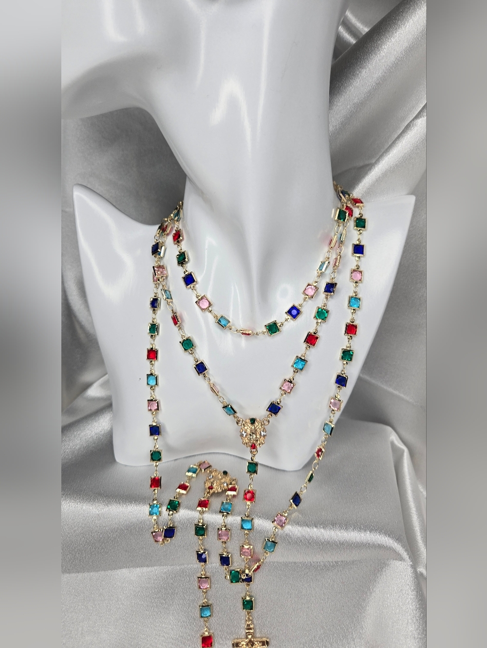 Multicolor Gold-Tone Crystal Rosary Necklace